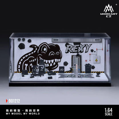 MoreArt 1:64 Bone Dragon Skeleton Rexy Painting and Maintenance Room Repair Garage Diorama in Acrylic Case (Included Lift x1 Tools x 11  Wheels x 2)