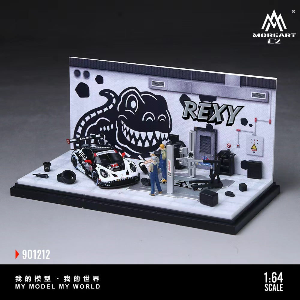 MoreArt 1:64 Bone Dragon Skeleton Rexy Painting and Maintenance Room Repair Garage Diorama in Acrylic Case (Included Lift x1 Tools x 11  Wheels x 2)