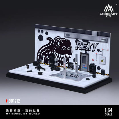 MoreArt 1:64 Bone Dragon Skeleton Rexy Painting and Maintenance Room Repair Garage Diorama in Acrylic Case (Included Lift x1 Tools x 11  Wheels x 2)
