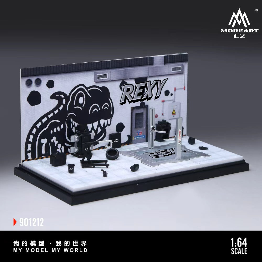 MoreArt 1:64 Bone Dragon Skeleton Rexy Painting and Maintenance Room Repair Garage Diorama in Acrylic Case (Included Lift x1 Tools x 11  Wheels x 2)