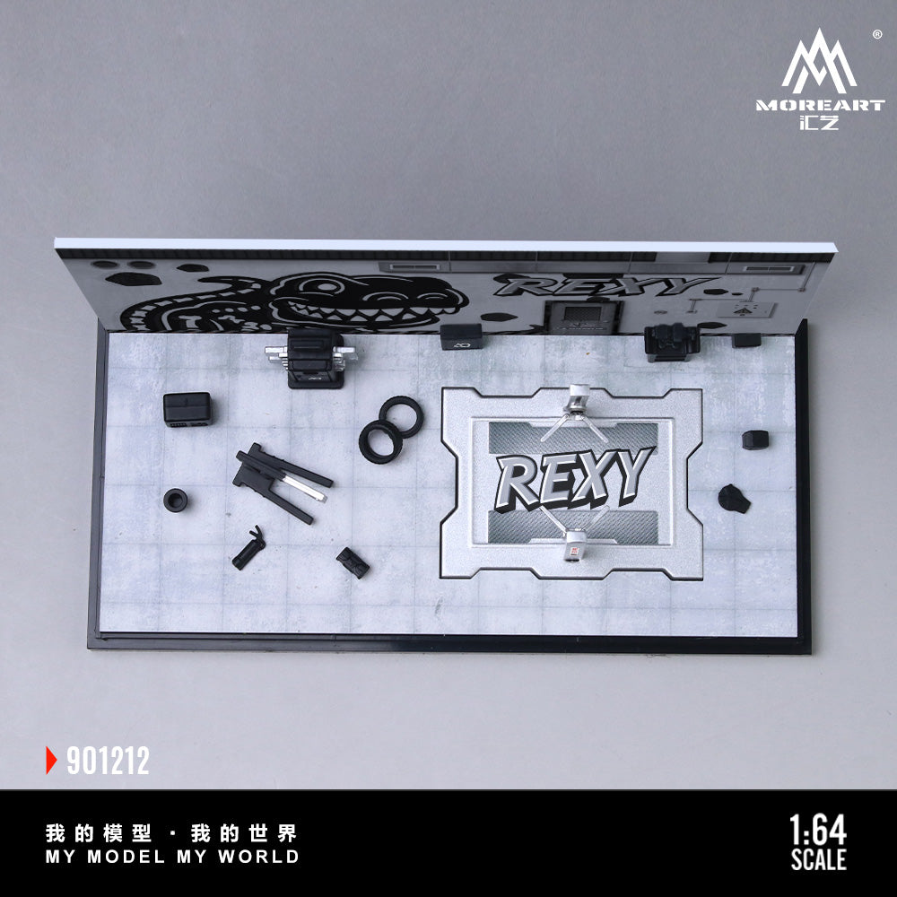 MoreArt 1:64 Bone Dragon Skeleton Rexy Painting and Maintenance Room Repair Garage Diorama in Acrylic Case (Included Lift x1 Tools x 11  Wheels x 2)
