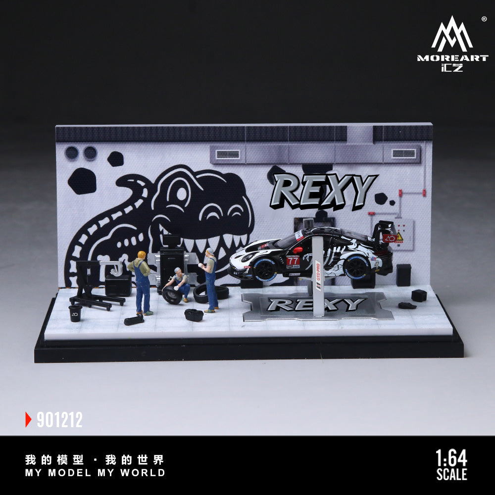 MoreArt 1:64 Bone Dragon Skeleton Rexy Painting and Maintenance Room Repair Garage Diorama in Acrylic Case (Included Lift x1 Tools x 11  Wheels x 2)