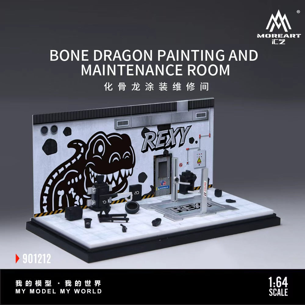 MoreArt 1:64 Bone Dragon Skeleton Rexy Painting and Maintenance Room Repair Garage Diorama in Acrylic Case (Included Lift x1 Tools x 11  Wheels x 2)