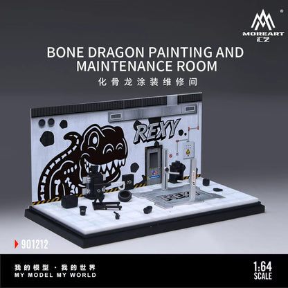 MoreArt 1:64 Bone Dragon Skeleton Rexy Painting and Maintenance Room Repair Garage Diorama in Acrylic Case (Included Lift x1 Tools x 11  Wheels x 2)