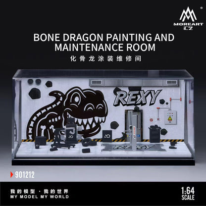 MoreArt 1:64 Bone Dragon Skeleton Rexy Painting and Maintenance Room Repair Garage Diorama in Acrylic Case (Included Lift x1 Tools x 11  Wheels x 2)