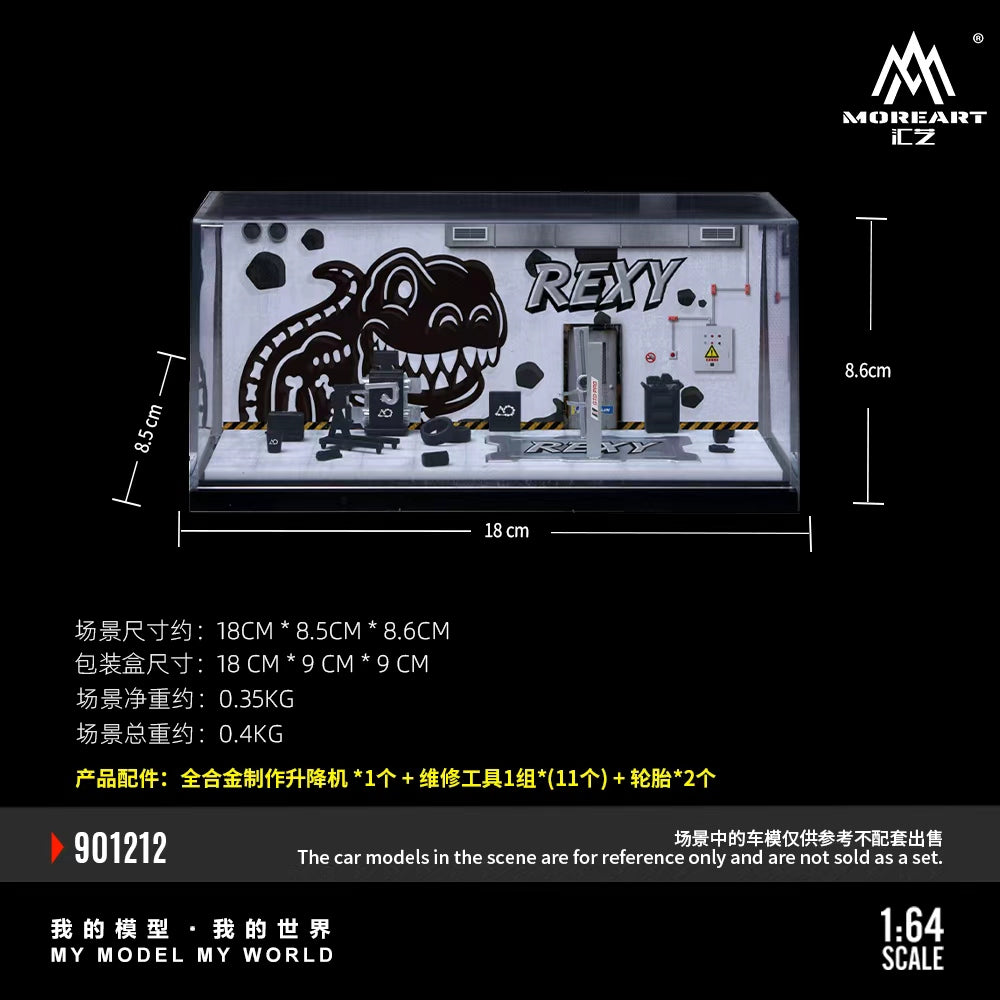 MoreArt 1:64 Bone Dragon Skeleton Rexy Painting and Maintenance Room Repair Garage Diorama in Acrylic Case (Included Lift x1 Tools x 11  Wheels x 2)