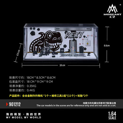 MoreArt 1:64 Bone Dragon Skeleton Rexy Painting and Maintenance Room Repair Garage Diorama in Acrylic Case (Included Lift x1 Tools x 11  Wheels x 2)