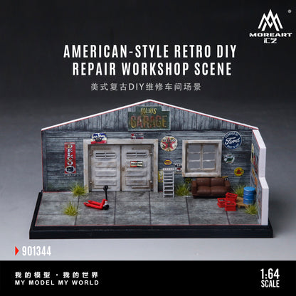 MoreArt 1:64 American Style Retro DIY Repair Workshop Scene Diorama in Acrylic Case (Please Find Included  Accessories in Description)