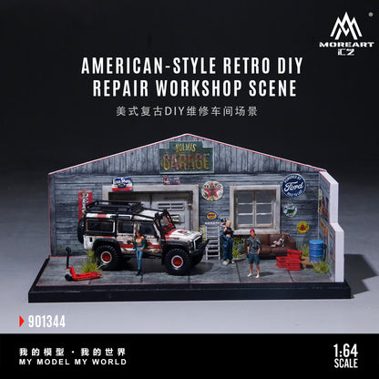 MoreArt 1:64 American Style Retro DIY Repair Workshop Scene Diorama in Acrylic Case (Please Find Included  Accessories in Description)