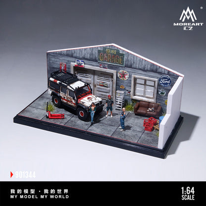 MoreArt 1:64 American Style Retro DIY Repair Workshop Scene Diorama in Acrylic Case (Please Find Included  Accessories in Description)