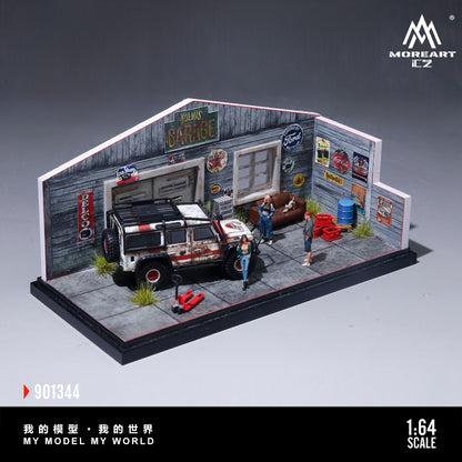 MoreArt 1:64 American Style Retro DIY Repair Workshop Scene Diorama in Acrylic Case (Please Find Included  Accessories in Description)
