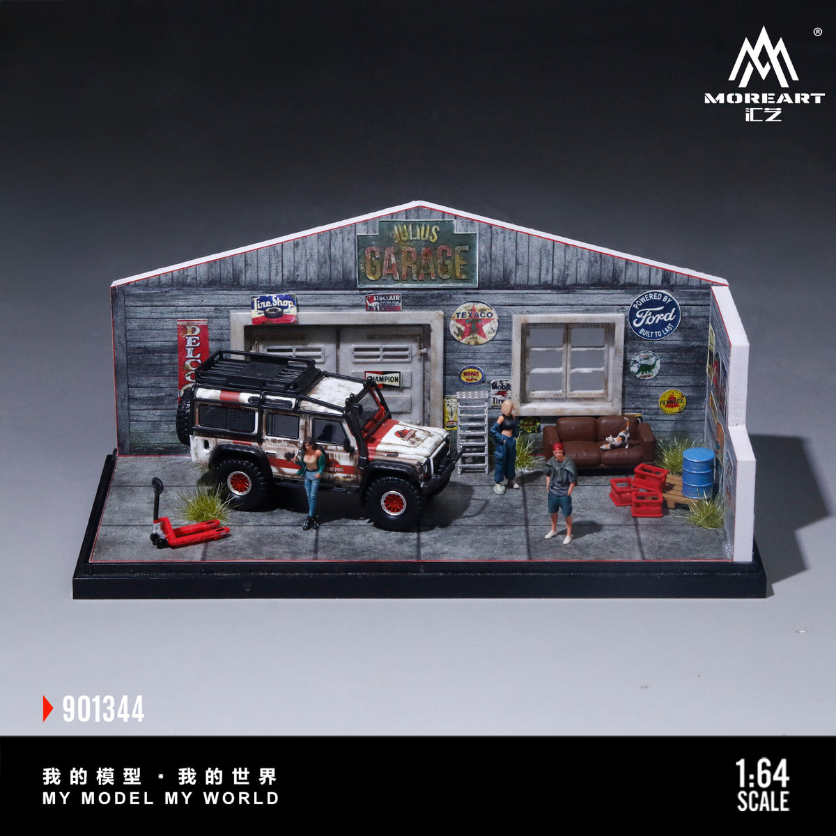 MoreArt 1:64 American Style Retro DIY Repair Workshop Scene Diorama in Acrylic Case (Please Find Included  Accessories in Description)