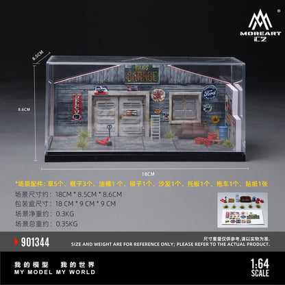 MoreArt 1:64 American Style Retro DIY Repair Workshop Scene Diorama in Acrylic Case (Please Find Included  Accessories in Description)
