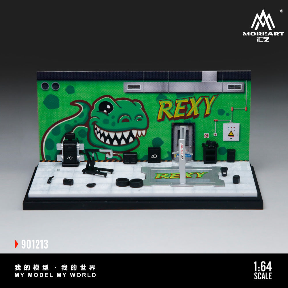 MoreArt 1:64 Green Dragon Rexy Painting and Maintenance Room Repair Garage Diorama in Acrylic Case (Included Lift x1 Tools x 11  Wheels x 2)
