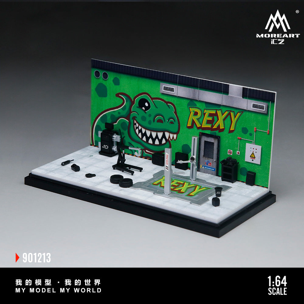 MoreArt 1:64 Green Dragon Rexy Painting and Maintenance Room Repair Garage Diorama in Acrylic Case (Included Lift x1 Tools x 11  Wheels x 2)