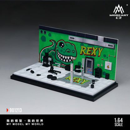 MoreArt 1:64 Green Dragon Rexy Painting and Maintenance Room Repair Garage Diorama in Acrylic Case (Included Lift x1 Tools x 11  Wheels x 2)
