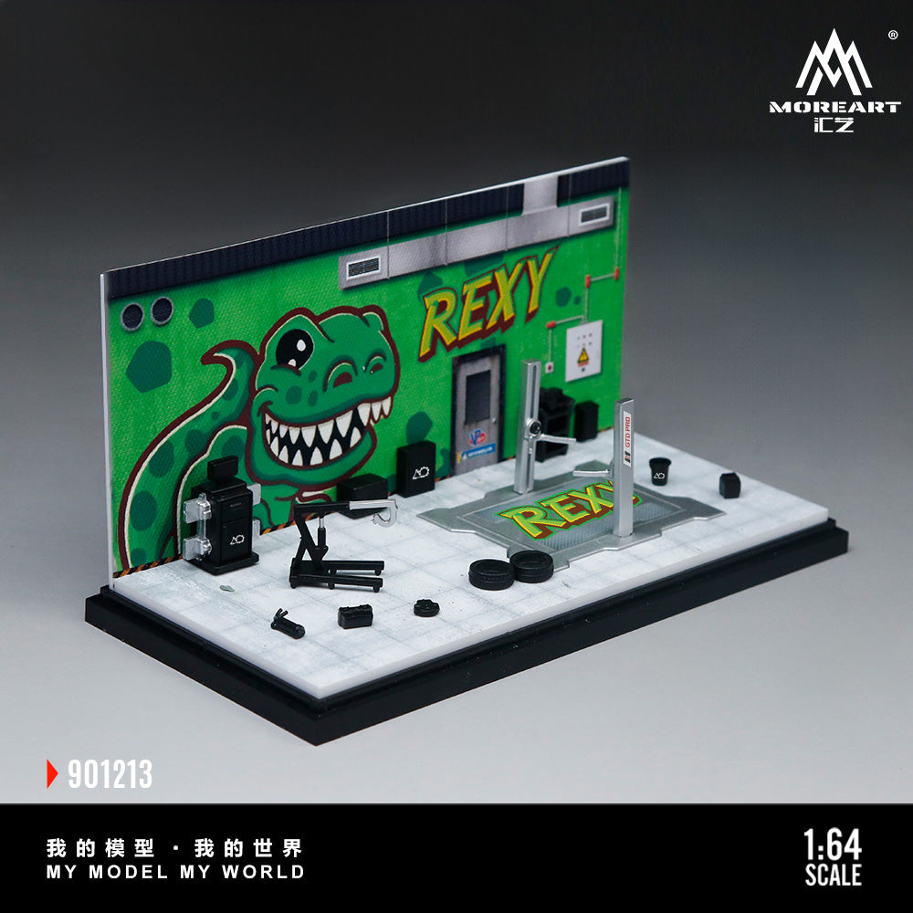 MoreArt 1:64 Green Dragon Rexy Painting and Maintenance Room Repair Garage Diorama in Acrylic Case (Included Lift x1 Tools x 11  Wheels x 2)