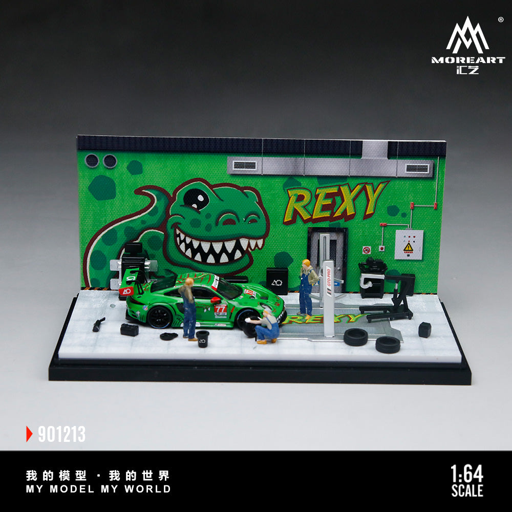 MoreArt 1:64 Green Dragon Rexy Painting and Maintenance Room Repair Garage Diorama in Acrylic Case (Included Lift x1 Tools x 11  Wheels x 2)