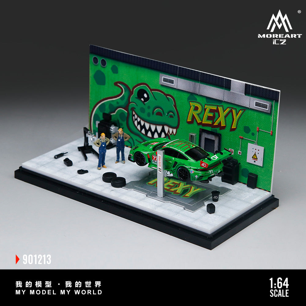 MoreArt 1:64 Green Dragon Rexy Painting and Maintenance Room Repair Garage Diorama in Acrylic Case (Included Lift x1 Tools x 11  Wheels x 2)