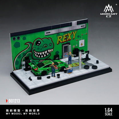 MoreArt 1:64 Green Dragon Rexy Painting and Maintenance Room Repair Garage Diorama in Acrylic Case (Included Lift x1 Tools x 11  Wheels x 2)