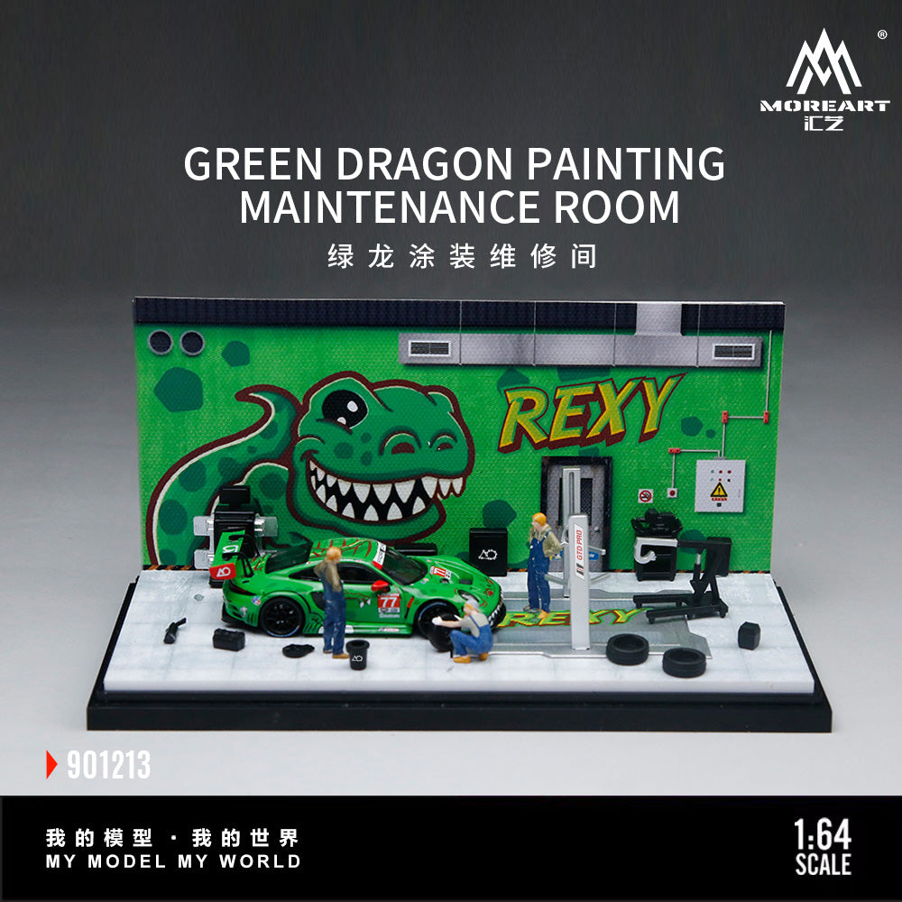 MoreArt 1:64 Green Dragon Rexy Painting and Maintenance Room Repair Garage Diorama in Acrylic Case (Included Lift x1 Tools x 11  Wheels x 2)