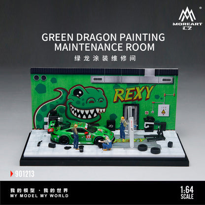 MoreArt 1:64 Green Dragon Rexy Painting and Maintenance Room Repair Garage Diorama in Acrylic Case (Included Lift x1 Tools x 11  Wheels x 2)