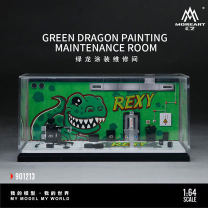 MoreArt 1:64 Green Dragon Rexy Painting and Maintenance Room Repair Garage Diorama in Acrylic Case (Included Lift x1 Tools x 11  Wheels x 2)
