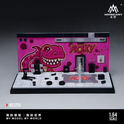 MoreArt 1:64 Pink Dragon Roxy Painting and Maintenance Room Repair Garage Diorama in Acrylic Case (Included Lift x1 Tools x 12 Wheels x 2)