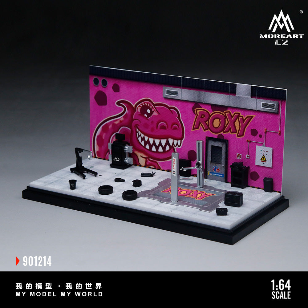 MoreArt 1:64 Pink Dragon Roxy Painting and Maintenance Room Repair Garage Diorama in Acrylic Case (Included Lift x1 Tools x 12 Wheels x 2)