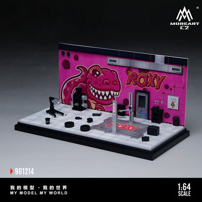 MoreArt 1:64 Pink Dragon Roxy Painting and Maintenance Room Repair Garage Diorama in Acrylic Case (Included Lift x1 Tools x 12 Wheels x 2)