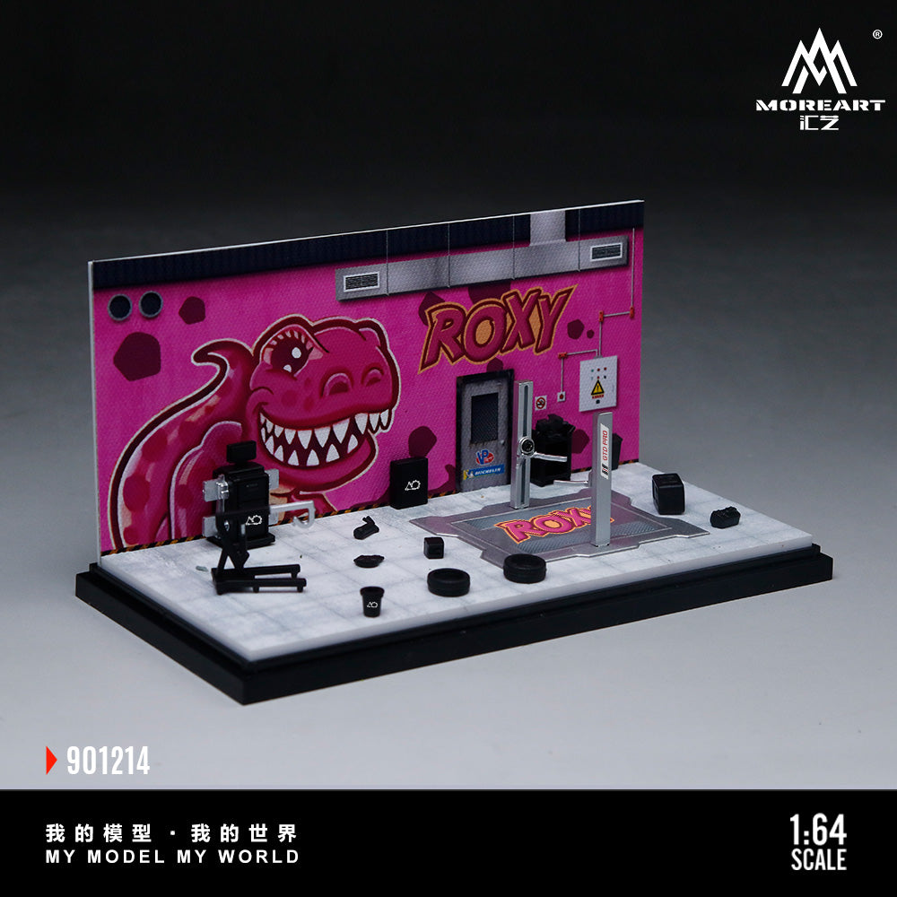MoreArt 1:64 Pink Dragon Roxy Painting and Maintenance Room Repair Garage Diorama in Acrylic Case (Included Lift x1 Tools x 12 Wheels x 2)