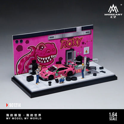 MoreArt 1:64 Pink Dragon Roxy Painting and Maintenance Room Repair Garage Diorama in Acrylic Case (Included Lift x1 Tools x 12 Wheels x 2)