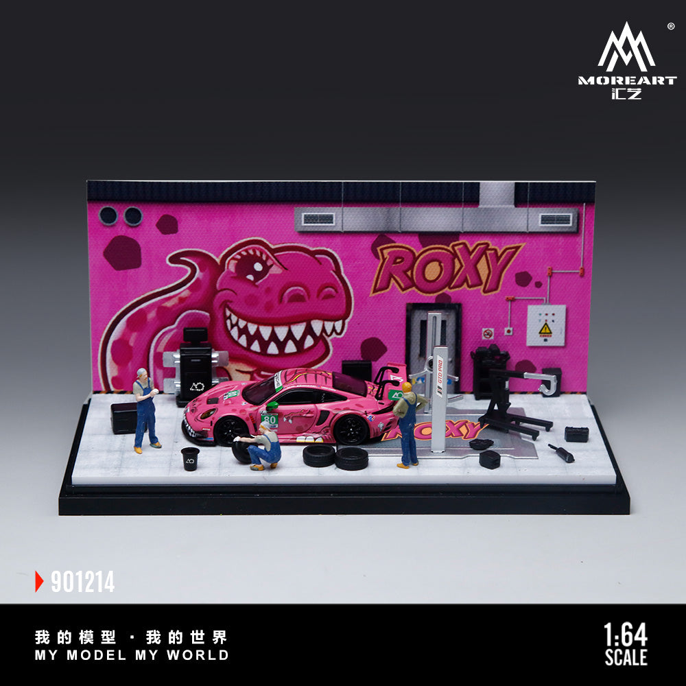 MoreArt 1:64 Pink Dragon Roxy Painting and Maintenance Room Repair Garage Diorama in Acrylic Case (Included Lift x1 Tools x 12 Wheels x 2)