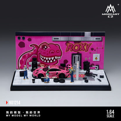 MoreArt 1:64 Pink Dragon Roxy Painting and Maintenance Room Repair Garage Diorama in Acrylic Case (Included Lift x1 Tools x 12 Wheels x 2)