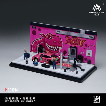 MoreArt 1:64 Pink Dragon Roxy Painting and Maintenance Room Repair Garage Diorama in Acrylic Case (Included Lift x1 Tools x 12 Wheels x 2)