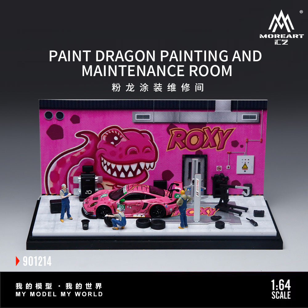 MoreArt 1:64 Pink Dragon Roxy Painting and Maintenance Room Repair Garage Diorama in Acrylic Case (Included Lift x1 Tools x 12 Wheels x 2)