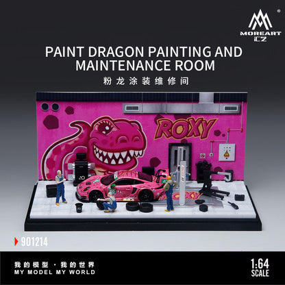 MoreArt 1:64 Pink Dragon Roxy Painting and Maintenance Room Repair Garage Diorama in Acrylic Case (Included Lift x1 Tools x 12 Wheels x 2)