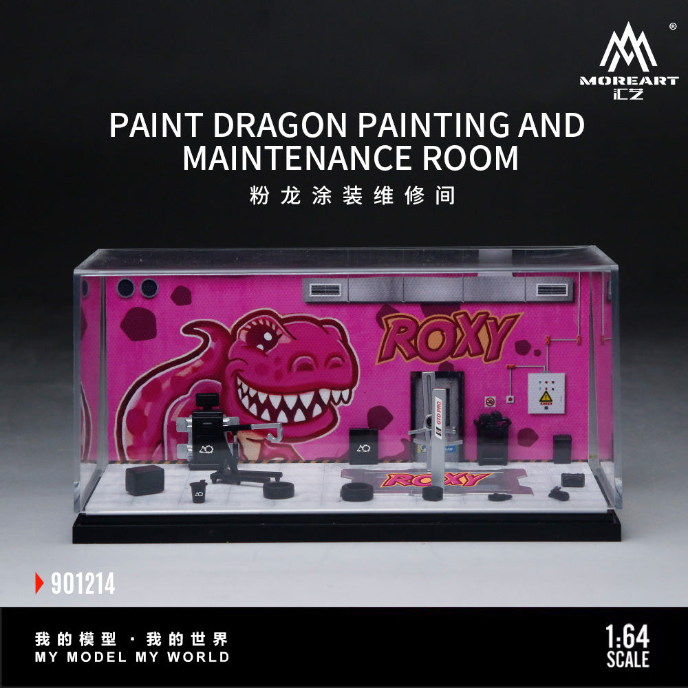 MoreArt 1:64 Pink Dragon Roxy Painting and Maintenance Room Repair Garage Diorama in Acrylic Case (Included Lift x1 Tools x 12 Wheels x 2)