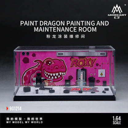 MoreArt 1:64 Pink Dragon Roxy Painting and Maintenance Room Repair Garage Diorama in Acrylic Case (Included Lift x1 Tools x 12 Wheels x 2)