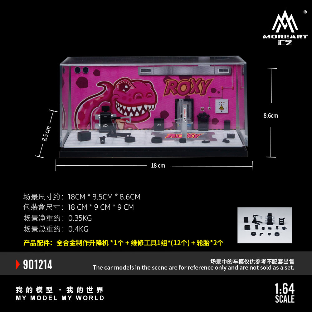 MoreArt 1:64 Pink Dragon Roxy Painting and Maintenance Room Repair Garage Diorama in Acrylic Case (Included Lift x1 Tools x 12 Wheels x 2)