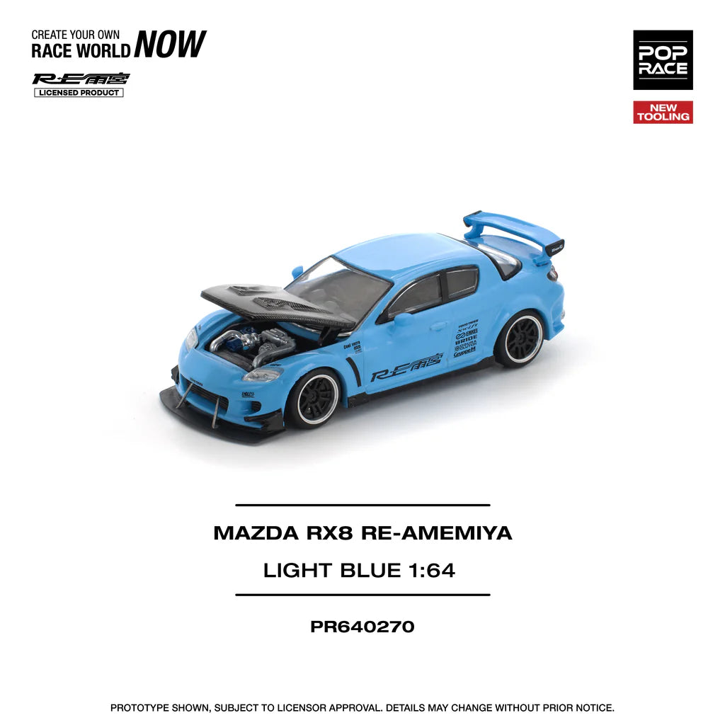 Pop Race 1:64 Mazda RX-8 Re-Amemiya Light Blue Openable Front Hood Detailed Engine (PR640270)