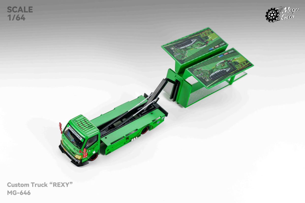 Mega Gear 1:64 Hino 300 Series MK2 Custom Extendable Tow Truck Container Livery Tyrannosaurus Rexy Green (Limited to 2 per customer / address)