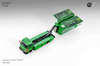 Mega Gear 1:64 Hino 300 Series MK2 Custom Extendable Tow Truck Container Livery Tyrannosaurus Rexy Green (Limited to 2 per customer / address)