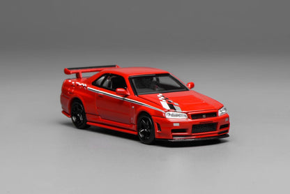 Motorhelix 1:64 Nissan Skyline GT-R R34 Nismo Z-Tune V-Spec-II Nismo Red Openable Front Hood Detailed Engine Official Licensed (Premium Box Packaging)