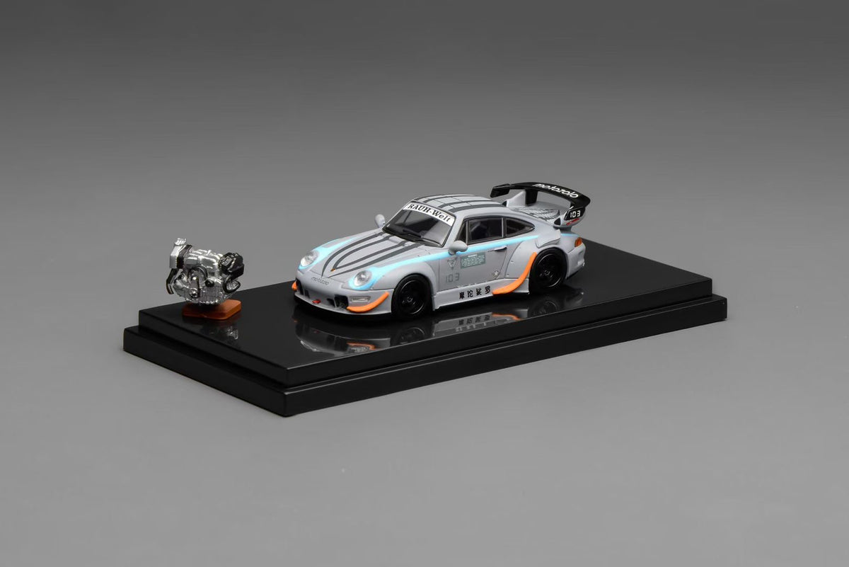 Motorhelix 1:64 RWB 993 Motozolo Grey Includes Magnetic Air-Cooled Engine Display Model
