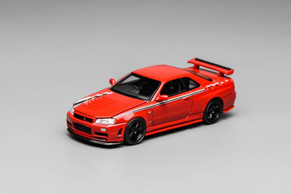 Motorhelix 1:64 Nissan Skyline GT-R R34 Nismo Z-Tune V-Spec-II Nismo Red Openable Front Hood Detailed Engine Official Licensed (Premium Box Packaging)