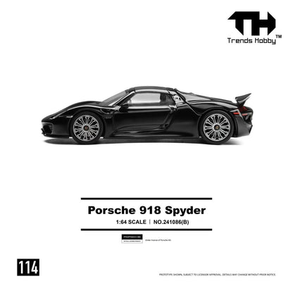 Trends Hobby 1:64 Porsche 918 Spyder Gloss Black Openable Roof and Rear Hoods Detailed Engine Porsche Official Licensed (241086B)