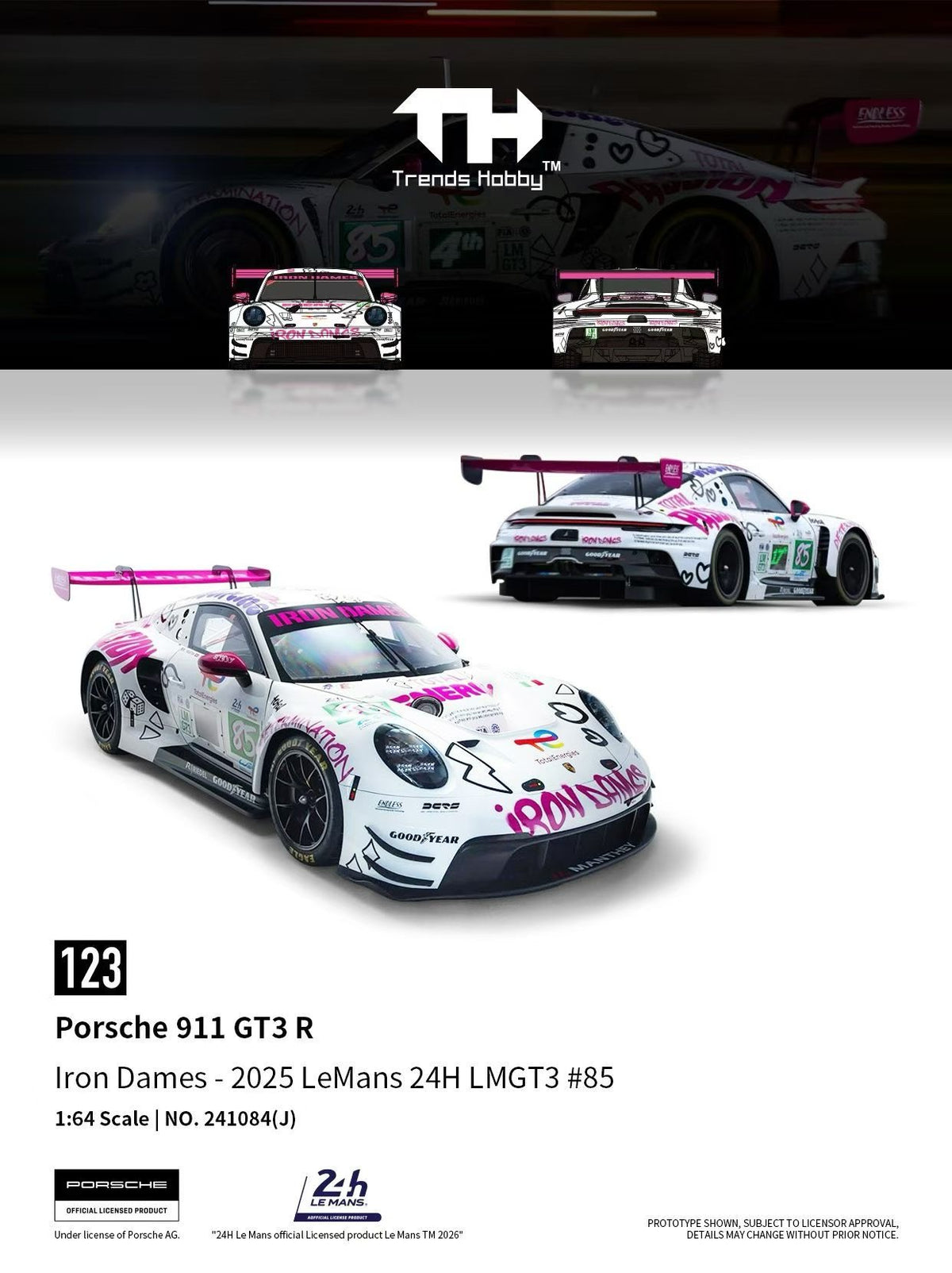 Trends Hobby 1:64 Porsche 911 GT3 R Iron Dames - 2025 Le Mans 24H LMGT3 #85 Openable Front Hood Detailed Parts Porsche Official Licensed (241084J)