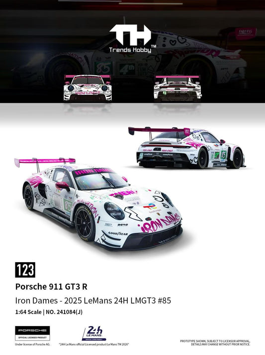 Trends Hobby 1:64 Porsche 911 GT3 R Iron Dames - 2025 Le Mans 24H LMGT3 #85 Openable Front Hood Detailed Parts Porsche Official Licensed (241084J)