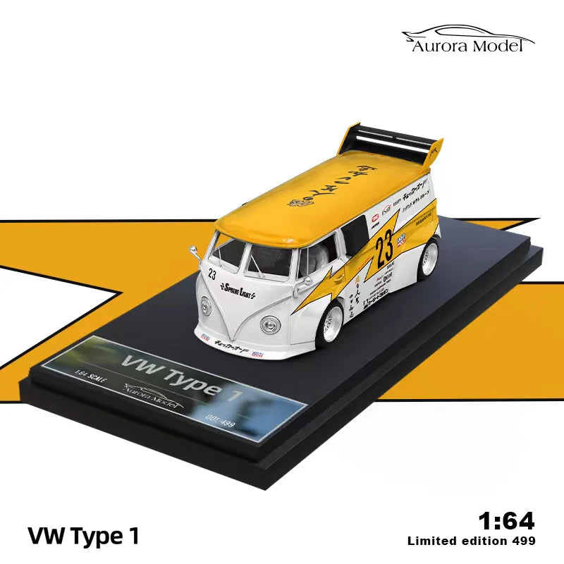 Aurora Model 1/64 Car Hauler Trailer Set Flash #23 Yellow Edition - Porsche RWB 964 & Volkswagen T1 Kombi Camper Van & Trailer